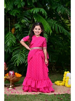 EthIndia - Pink Printed Georgette Saree with Blouse and Belt