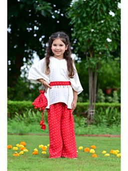 EthIndia - Red Printed Georgette Kaftan Kurta with Palazzo, Purse and Belt