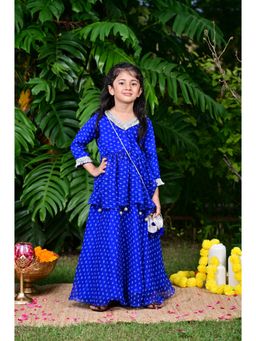 EthIndia - Blue Printed Georgette Kurta with Skirt and Purse