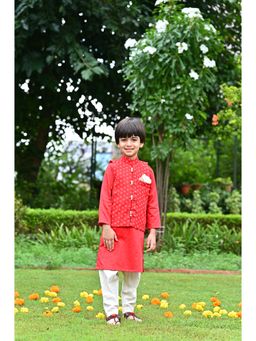 EthIndia - Red Printed Georgette Kurta with Nehru Jacket and Pyjama