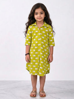 Kinder Kids - Green Printed Cotton Regular Dress