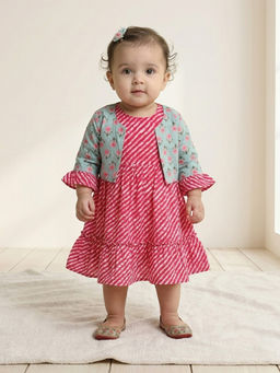Kinder Kids - Pink Floral Cotton Regular Dress and Jacket