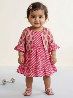 Kinder Kids - Pink Floral Cotton Regular Dress and Jacket