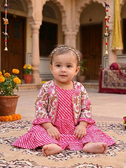 Kinder Kids - Pink Floral Cotton Regular Dress and Jacket