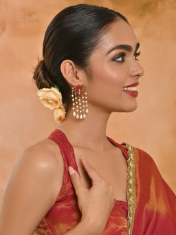 Fida - Fushcia Pink and Gold Lotus White Pearls Tasselled Floral Drop Earrings