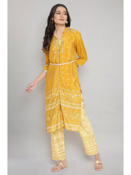 Aurelia - Mustard Mandarin Collar Foil Print Straight Kurta