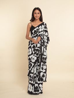 Suta - White And Black Printed Liva Saree