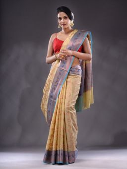 CHARUKRITI - Beige Handwoven Banarasi Silk Saree With Unstitched Blouse