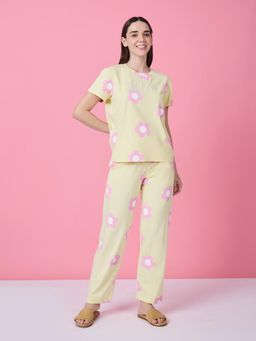 Sweet Dreams - Womens Floral Printed T-Shirt with Pyjama Yellow