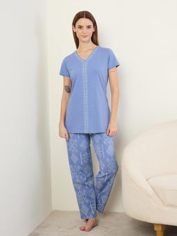 Sweet Dreams - Womens Stylish Geometric Print T-Shirt with Pyjama Blue