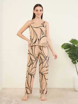 Sweet Dreams - Womens Stylish Abstract Printed Sleeveless Top with Pyjama Beige