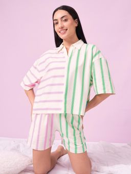 Sweet Dreams - Womens Cute Color Block Striped Shirt with Shorts White
