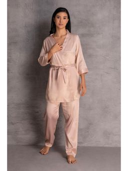 Private Lives - Beige Satin Robe Top, Pyjama With Belt