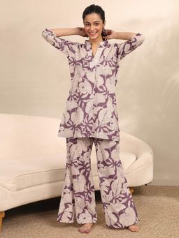 Libas - Purple Floral Printed Front Pleated Kurti with Palazzo