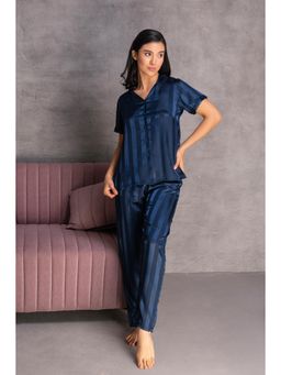 Private Lives - Navy Blue Stripe Satin Shirt And Pyjama