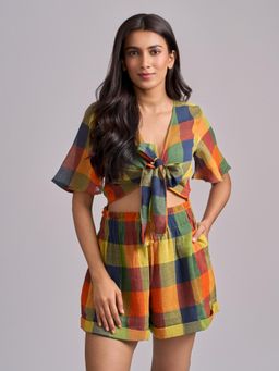How When Wear - Textured Check Resort Crop Top and Short - Multi-Color