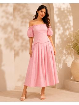 UNIMODA - Peach and White Checks Smocked Off-Shoulder Top with Skirt - Pink