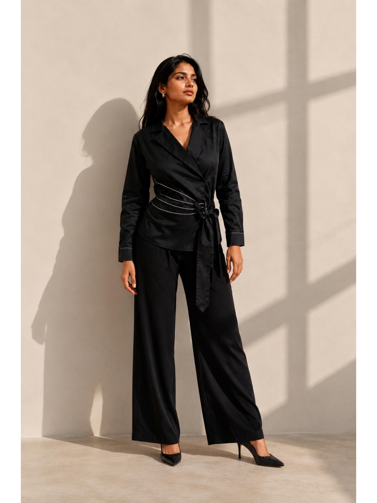 Jet Black Glace Cotton Co-Ord Set with Tagai Work-image-19