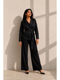 UNIMODA - Jet Black Glace Cotton Co-Ord Set with Tagai Work