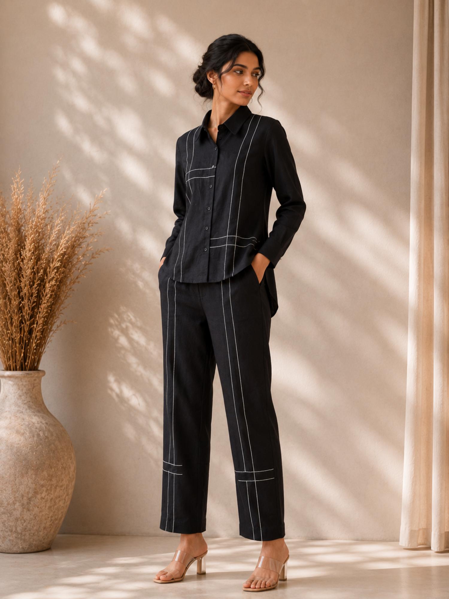 unimoda Coal Black Cotton Slub Co-Ord Set with Tagai Work-picture-33