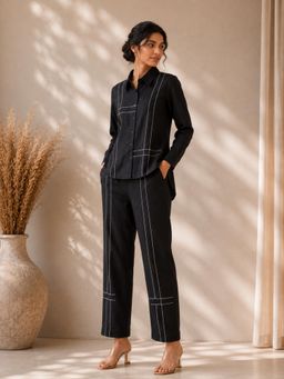 UNIMODA - Coal Black Cotton Slub Co-Ord Set with Tagai Work