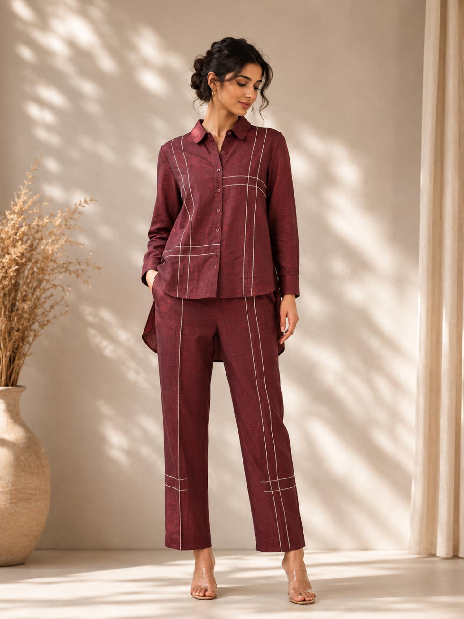 unimoda Maroon Cotton Slub Co-Ord Set with Tagai Work-picture-11