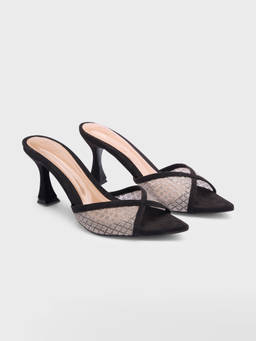 RSVP by Nykaa Fashion - Black Pointed Toe Glitter Mesh Detail Slip-On Womens Spool Heels
