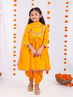 MASTARANG - Girls Mustard Kurta with Dhoti and Dupatta