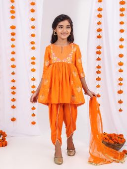 MASTARANG - Girls Mastering Orange Kurta With Dhoti and Dupatta