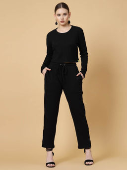 RIGO - Women Black Waffle Solid Co-Ord (Set of 2)