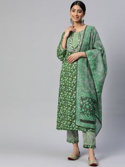 Vbuyz - Women Gota Patti Work Straight Cotton Green Stitched Kurta Pant with Dupatta (Set of 3)