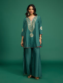 Gajra Gang - Desert Rani Green Chanderi Embroidered Kurta with Slip & Palazzo