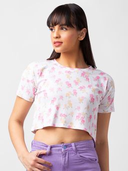 Spykar - Women Off White Cotton Floral Crop Top