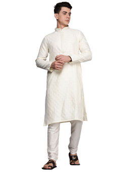 Manyavar - Mens Embroidered Yoke Blended Viscose Jacquard Kurta with Pencil Pajama