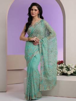 Libas - Green Floral Embroidered Saree