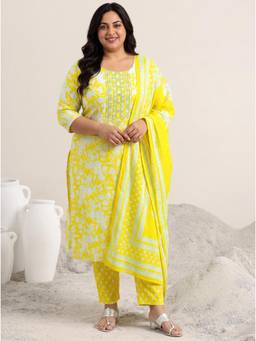Extra love by Libas - Yellow Floral Embroidered Kurta with Pant and Dupatta
