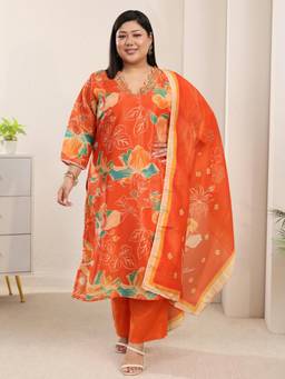 Extra love by Libas - Orange Floral Printed Kurta with Pant and Dupatta