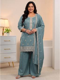 Extra love by Libas - Blue Embroidered Sequined Work Kurti with Palazzo and Dupatta