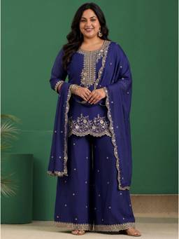 Extra love by Libas - Navy Blue Floral Embroidered Kurti with Palazzo and Dupatta