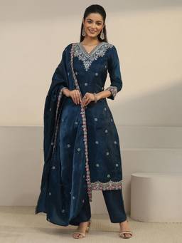Libas - Navy Blue Floral Embroidered Kurta with Pant and Dupatta