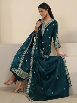 Libas - Teal Floral Embroidered Kurta with Pant and Dupatta