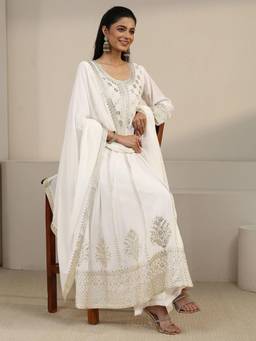 Libas Art - White Embroidered Thread Work Anarkali Kurta with Palazzo and Dupatta