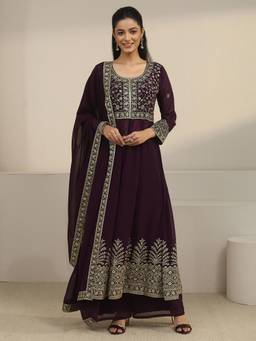 Libas Art - Burgundy Floral Embroidered Anarkali Kurta with Palazzo and Dupatta