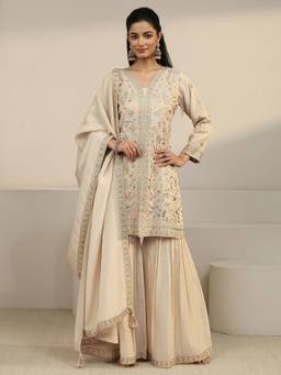 Libas Art - Off White Embroidered Sequined Work Kurti with Sharara and Dupatta