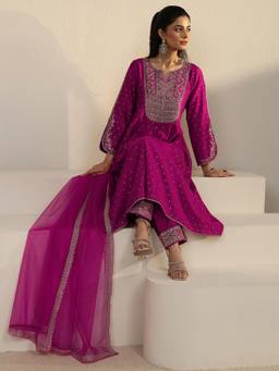 Libas - Magenta Woven Embroidered Anarkali Kurta with Pant and Dupatta