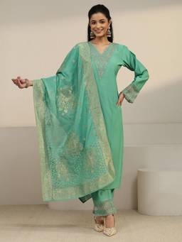Libas - Green Embroidered Sequined Work Kurta with Pant and Dupatta