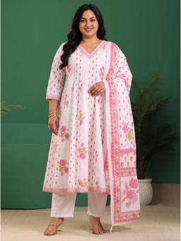 Extra love by Libas - White Floral Printed Anarkali Kurta with Pant and Dupatta