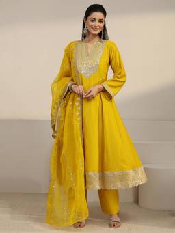 Libas - Yellow Embroidered Mirror Work Anarkali Kurta with Pant and Dupatta
