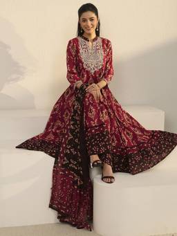 Libas - Maroon Printed Embroidered Anarkali Kurta with Pant and Dupatta