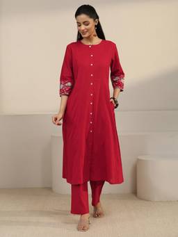 Libas - Red Floral Embroidered Kurta with Pant